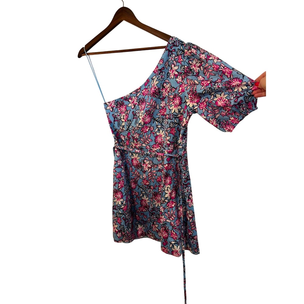 French Connection One Shoulder Mini Dress Womens‎ 8 Blue Pink Floral Excellent